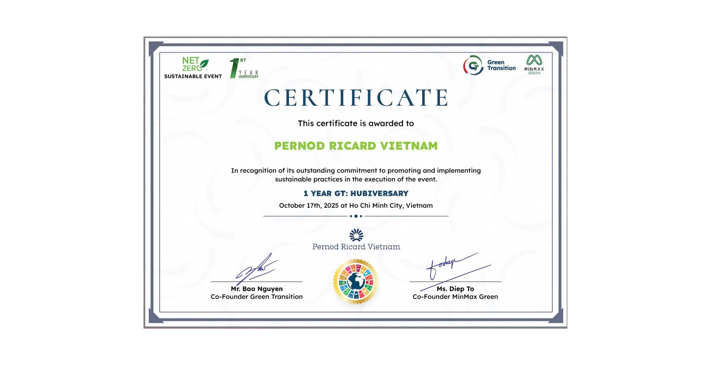 Green event certification for Pernod Ricard Viet Nam at the ONE-YEAR GT: HUBIVERSARY
