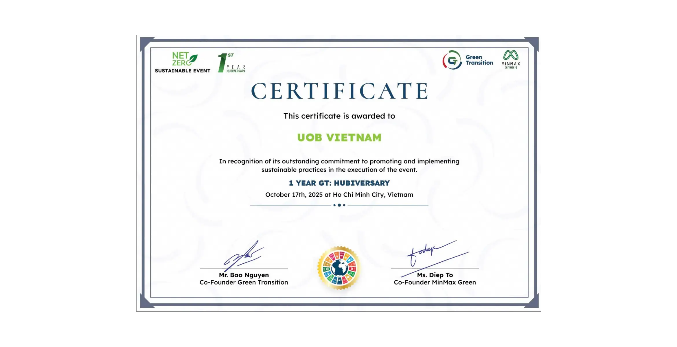 Green event certification for United Overseas Bank Viet Nam (UOB) at the ONE-YEAR GT: HUBIVERSARY