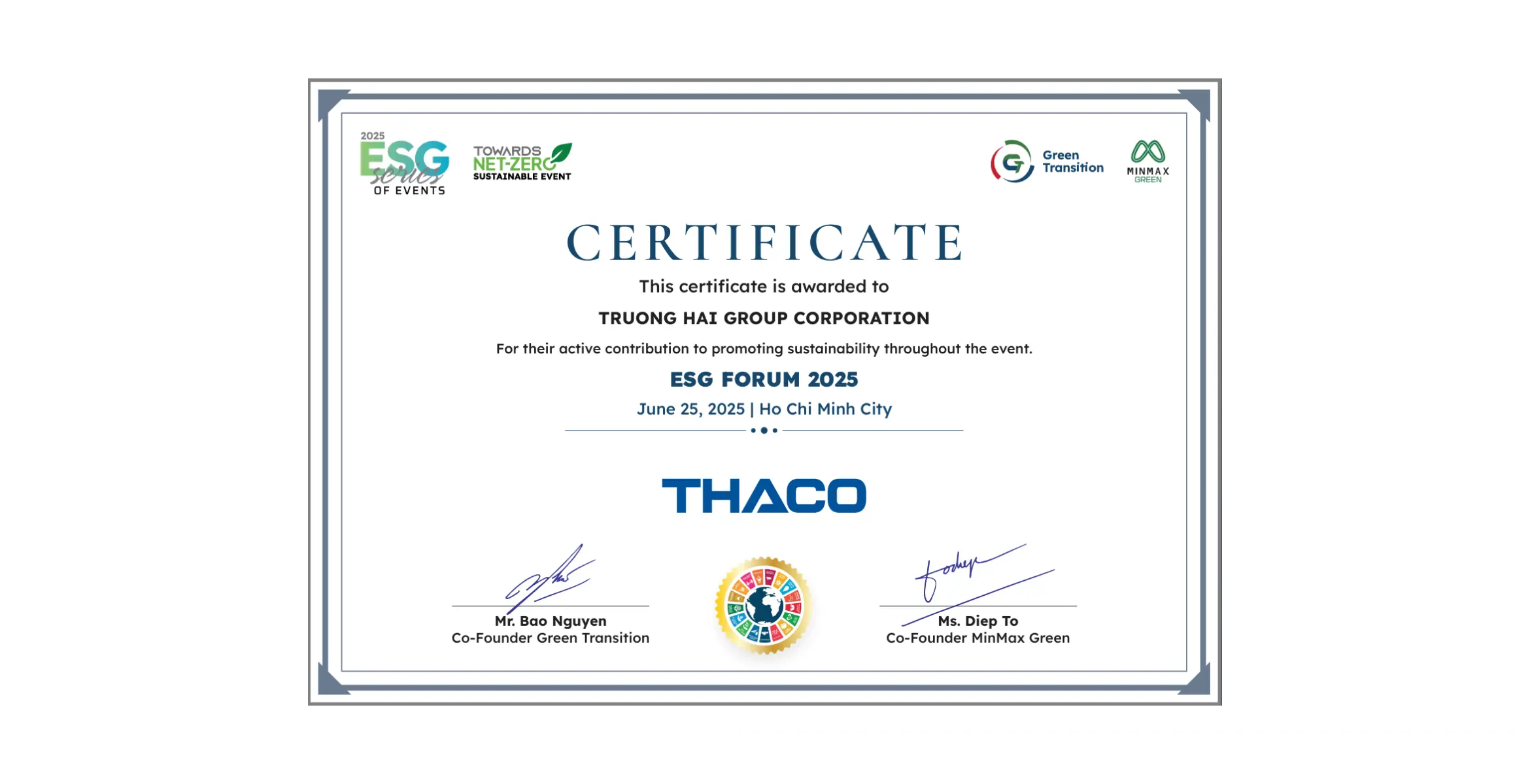 MinMax Green awarded green event certificate to Truong Hai Auto Corporation (THACO)