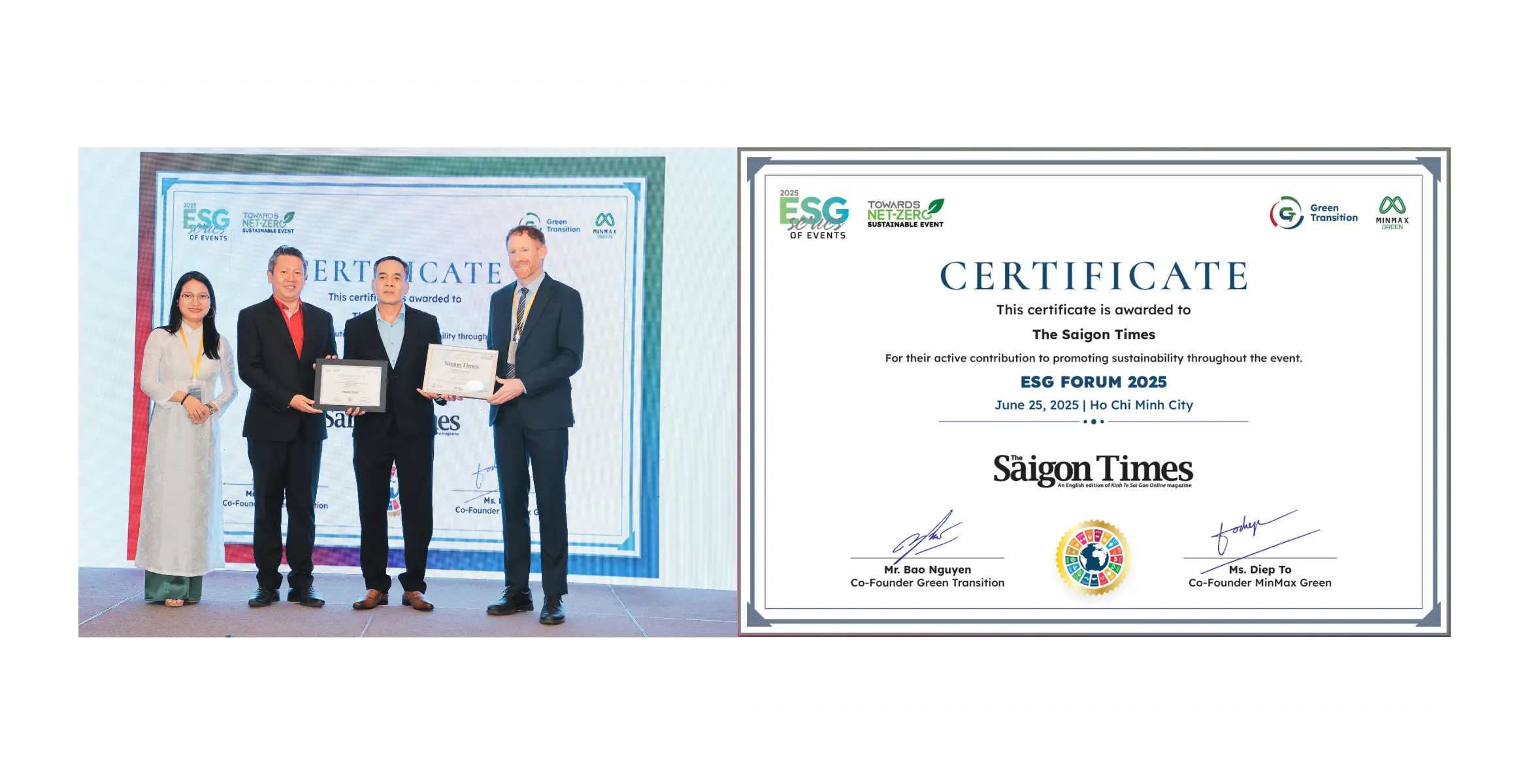 MinMax Green awarded green event certificate to SaiGon Times at the event "ESG Forum 2025"