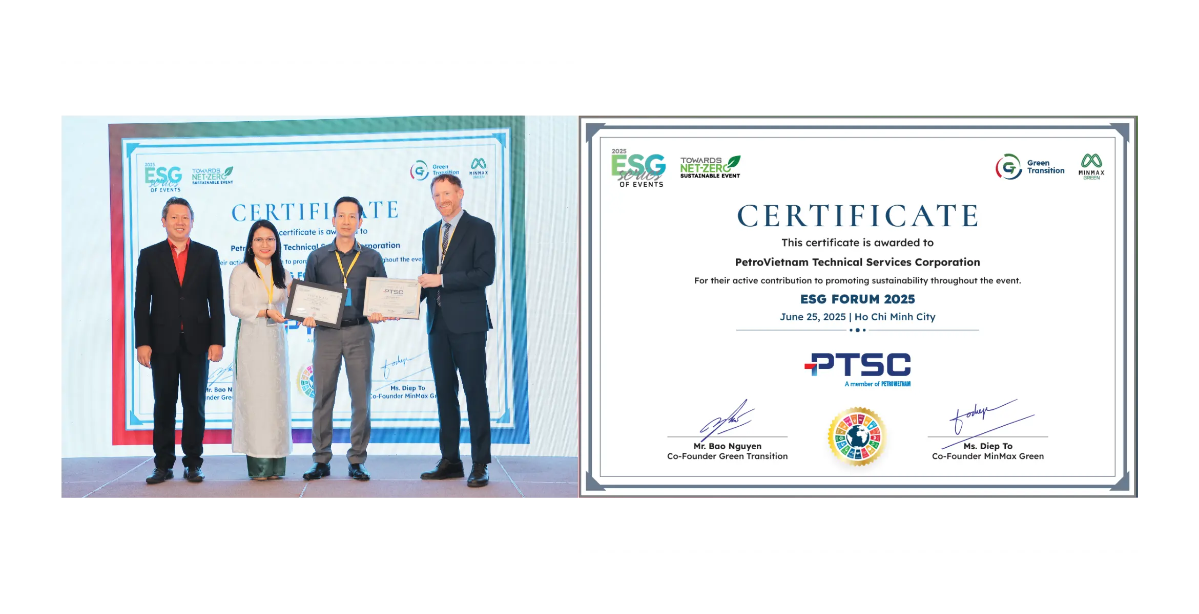 MinMax Green awarded green event certificate to PTSC (PetroVietnam Technical Services Corporation) at the event "ESG Forum 2025"